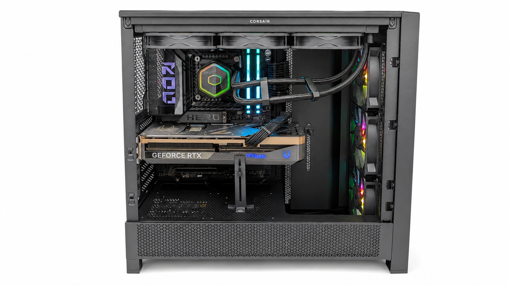 A custom J&N Computer Services build — RTX graphics card, AIO liquid cooler, and RGB lighting in a Corsair case